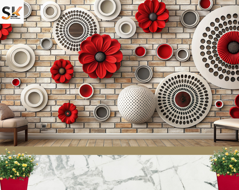 3D Red Floral & Geometric Wall paper – [10x10 ft] 📏 Contact Us for Sizing Help