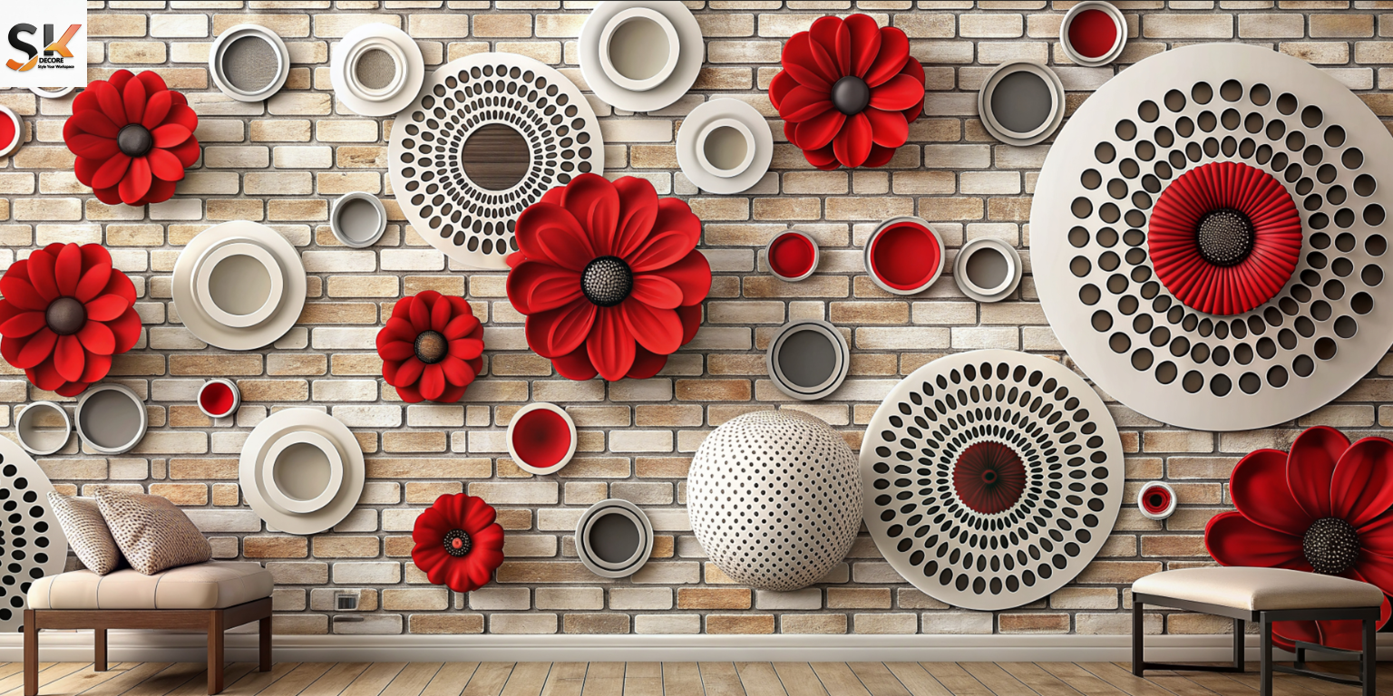 3D Red Floral & Geometric Wall paper – [10x10 ft] 📏 Contact Us for Sizing Help