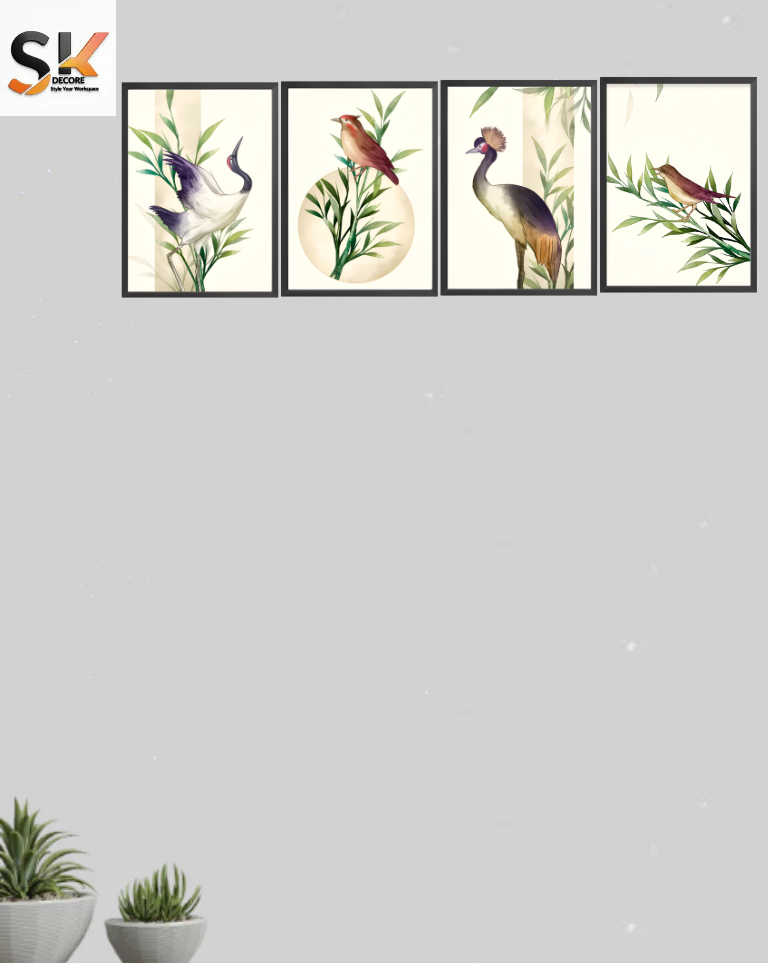 Elegant Botanical Bird Wall Art – 4-Piece Frame Set